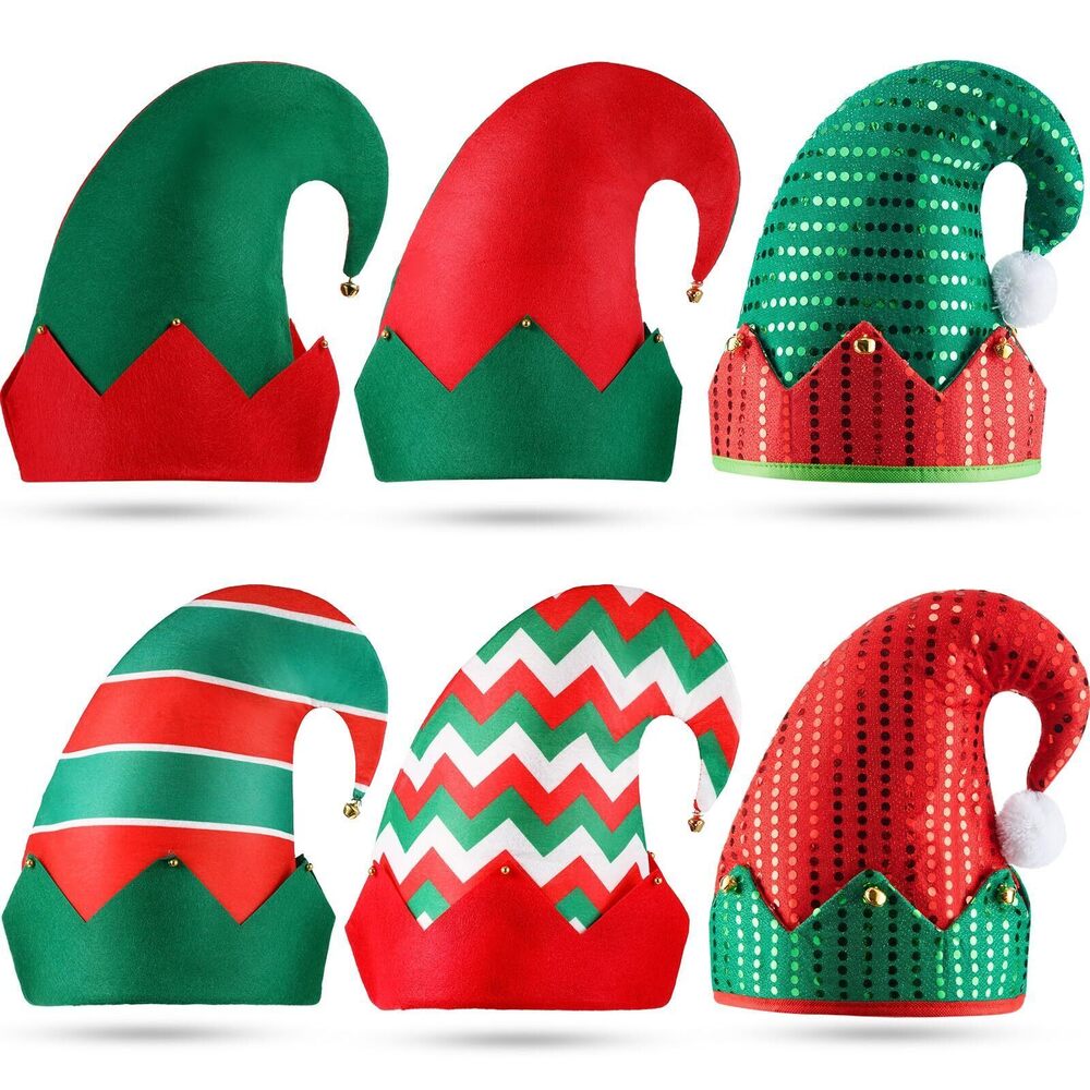 3471 6 Pack Christmas Elf Felt Hats Green and Red Xmas Holiday Santa Hat